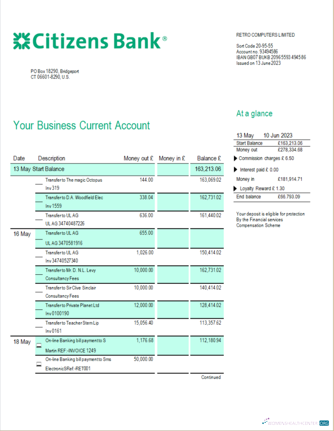 Download Citizens Bank firm statement Word and PDF template Photoshop template